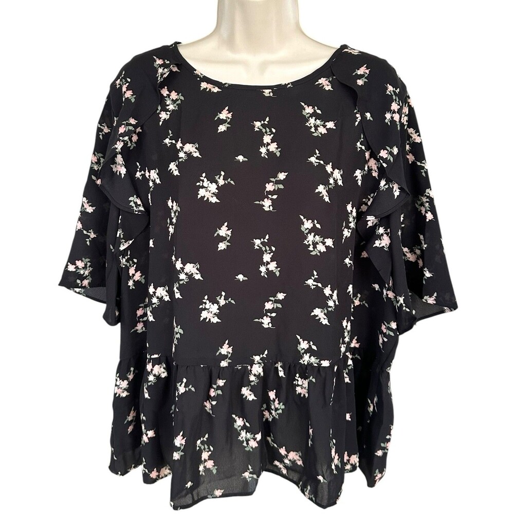 Primark Women's Blouse Half Flutter Sleeve Sheer Chiffon Top Sz 16 Black Floral